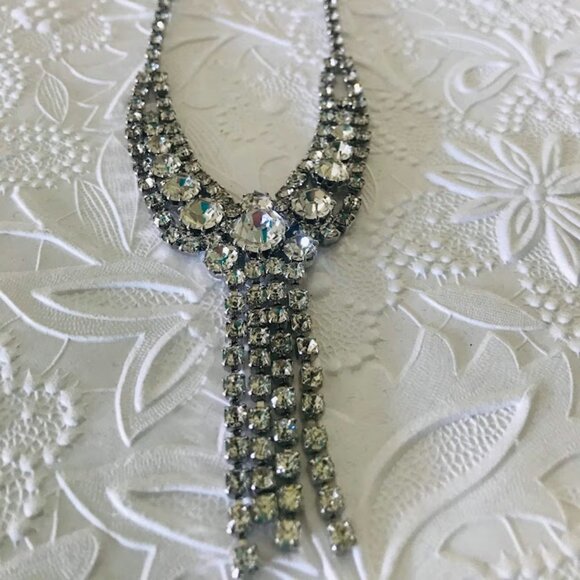 Vintage 1950s Juliana Style Clear Rhinestone Y Drop Necklace Bridal Prom Quincea - Picture 2 of 4